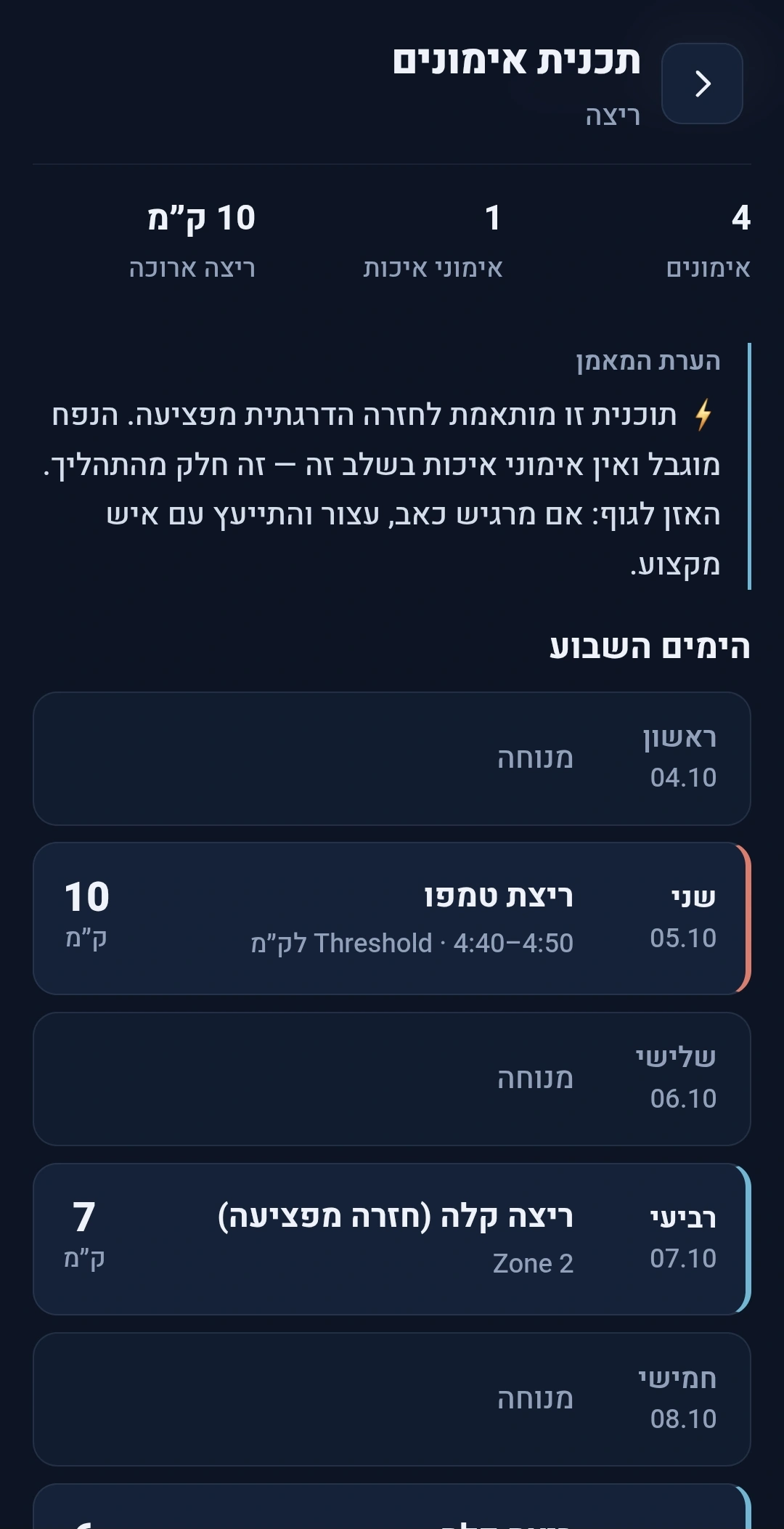 מסך תכנית האימונים ב-RitmoIQ: סקירת השבועות לקראת המרוץ, נפח שבועי בק"מ ורשימת האימונים של השבוע